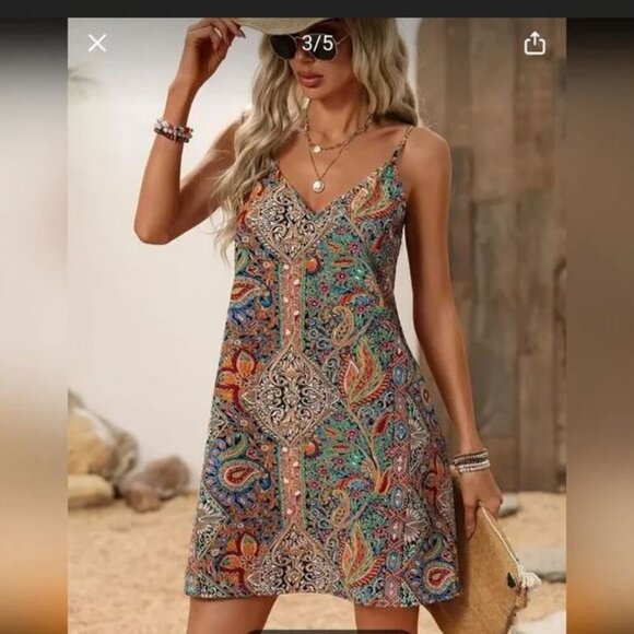 🥑2/100🥑NWT Colorful Summer Vacation Dress Spaghetti Straps Mini Dress V-neck - Picture 5 of 14